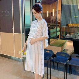 Cotton Blend Casual Pregnancy Dress Maternity Clothes Pregnant Women Short Sleeve Stripe Summer Dress Pregnancy Loose Clothing