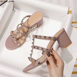 Slippers Lady Gold Rivets Noiseless Slides Silver Retro Slippers Summer High Heels Shoes Matte Mixed Colours Pumps Fashionable Designer 48 J230519
