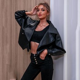 Women's Leather & Faux Winter Spring Women Bomber Jacket Coat Biker Turndown Collar PU Motorcycle Jackets Loose Streetwear Outerwear 2023Wom