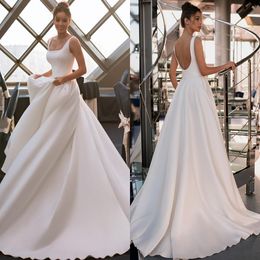 Square Hals A Line Kleider für Brautfalten Rückenlose Satin Hochzeitskleider breite Gurte Vestidos de Novia 407