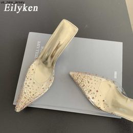 Slippers Eilyken Summer Gold Silver Women Slipper Fashion CRYSTAL Pointed Toe Shallow Slip On Thin High Heel Ladies Pumps Sandals J230519