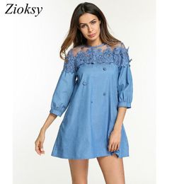 Dresses Plus Size S5XL Summer Dress Women Mesh Lace Splicing 3D Flowers Embroidery Denim Dress Female Loose ONeck Jeans Dresses