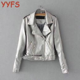 Jackets Women Faux Leather Jackets Lady Glossy Silver PU Motorcycle Jackets Biker Street Coats Female Soft Leather Outwear With belt New