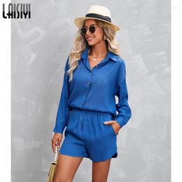 Women's Tracksuits Casual Women's Shorts Sets Long Sleeve Shirts Solid Colour Yellow 2 Piece Holiday Outfits For Woman Matching Set