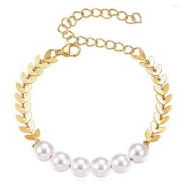 Charm Bracelets Pearl Inlaid Titanium Steel Bracelet For Women Leaf Splicing Stainless Jewellery