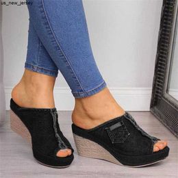 Slippers 2023 New Ladies Slippers Sexy Denim Beach Fish Mouth Shoes Fashion Summer Wedge Heels Open Toe High Heels Casual Sandalias Mujer J230519
