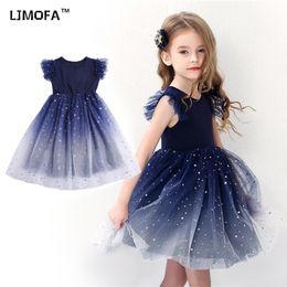 Girls Dresses LJMOFA Summer Girl Dress Princess Star Sleeveless Tulle Tutu for 48Y Kids Birthday Party Shaggy Child Clothes D229 230518