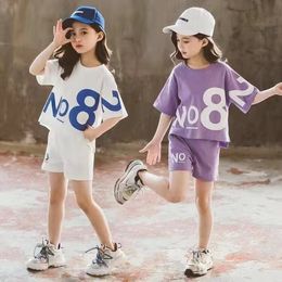 Clothing Sets Children Short Sleeve Top shorts 2pc Girls Summer Suit Teen Sportswear Clothes Boutique Kids 230519