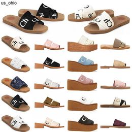 Slippers Designer slippers Woody sandals for women Mules flat slides LUXURY Light tan beige white black pink lace Lettering Fabric canvas slippers women J230520