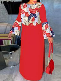 Plus size Dresses Size VONDA Summer Maxi Dress Women Long Flare Sleeve Vintage Patchwork Printed Vestido Casual Baggy Party Robe Femme 230518