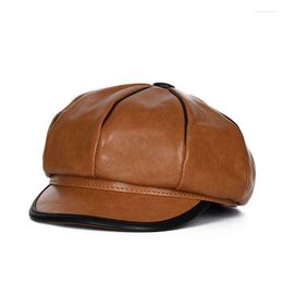 Berets Yellow/Brown Beret Hats For Women American/British Autumn/Winter Genuine Leather Sheepskin Retro Octagonal Caps Painter Sboy