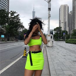 Womens Two Piece Pants Summer Buckle Band Skrit 2 Set Women Neon Green Pink Streetwear Sets Belt Fashion Sexy Beach Outfits Casual Clothing 230518