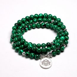 Chain Tibetan 108 Mala Bracelet Malachite Stone Beads Bracelets Yoga Lotus OM Buddha 6 MM 230518