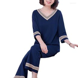 Women's Two Piece Pants Women's Spring Autumn Elegant Pant Suit Set Female V-neck Tops Trousers Middle-aged Lady Embroidery Suits 5XL C