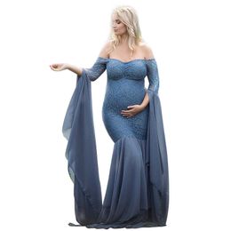 Fashion Maternity Dress for Photo Shoot Maternity Gown Long Sleeves Stitching Fancy Women Maternity Photography Props