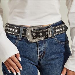 Belts Fashion Black Single Circle Alloy Pin Buckle Wide Belt Full Diamond Punk Style Women Jeans Rhinestones Waist