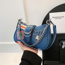 Factory wholesale ladies shoulder bags 3 Colours street trend patch embroidery bag niche denim mobile phone coin purse Personalised belt fashion handbag