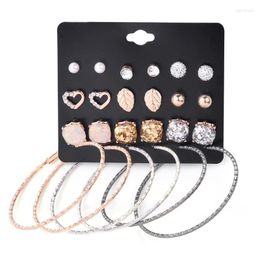 Hoop Earrings 12pair/set Punk Fashion Leaf Ear Big Circle Heart Feather Crystal Pearl Gem Studs Bijoux Femme Brincos Aros