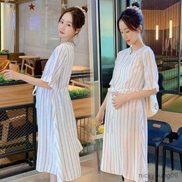 Cotton Blend Casual Pregnancy Dress Maternity Clothes Pregnant Women Short Sleeve Stripe Summer Dress Pregnancy Loose Clothing R230519