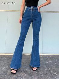 Women's Jeans Womens High Waisted Bell Bottom Jeans Denim High Rise Flare Jean Pants With Wide Leg Belt Elastic Skinny Slim Y2K Jeans Trousers 230519