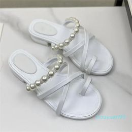 2023 Sandals Cross strap combination women's slippers pearl flat sandals Simple and elegant design solid Colour Clip toe flip flop sliper fashion