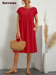 Basic Casual Dresses Eotvotee Cotton Linen Summer Dress for Women High Waisted O Neck Short Sleeve Midi Dresses Solid Vintage Casual Dress 230519