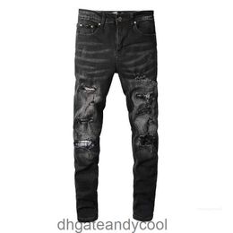 859 Pants Street Jeans Designer Mens Man Fall Denim High amirres Fashion Brand Amr Slightly Elastic Black Knife Cut Hole Pattern Patch Fit S 8I69