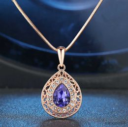 Pendant Necklace For Women Vintage Tear Drop Multicolor Cubic Zirconia Rose Gold Color Gift Fashion Jewelry
