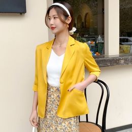 Three Quarter Sleeve Small Suit Top Casual Thin Single Button 2023 Yellow Solid Colour Coat Korean Straight Sleeve Overcoat Women