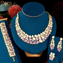 Wedding Jewellery Sets Pera Magnificent 4Pcs Pink Blue CZ Indian Gold Colour Luxury Bridal Choker Necklace Earrings for Women J524 230519