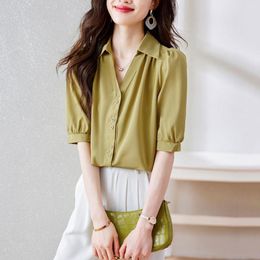 Women's Blouses Fashion Style Summer Women's Retro White Shirts Simple V-Neck Short Sleeved Tops Female Casual Office Solid