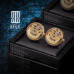 KFLK Shirts Cufflinks for Mens Brand Watch Movement Mechanical Cuff links Buttons Male High Quality Free Shipping Colour Gold