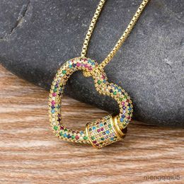 Classic Rainbow Micro Pave Lock Carabiner Pave Lock Heart Shaped Copper Zirconia Clasp Necklace Jewelry Gift For Women Men