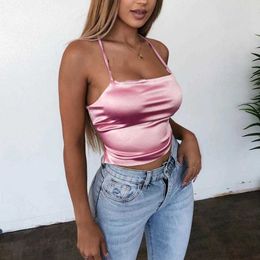 Women's Tanks Camis High Quality 2020 New Fashion Women Sexy Style Satin Silk Backless Back Bandage Vest Blouse Tops Strappy Summer Beach Cami Tank P230519