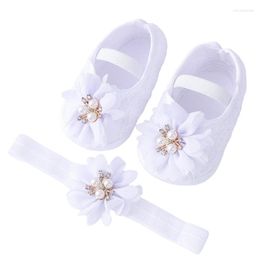 First Walkers Baby Girls Flats And Headband Soft Sole Non-slip Pearl Flower Princess Wedding Dress Walking Shoes For Born