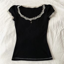 Women's T-Shirt Doury Women's Lace Tirm Black T-shirt Slim Fits Long Sleeve Crop Top y2k 2000s 90s Cute Casual Tees Aesthetic Grunge Clothes 230518