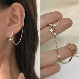 Charm 1PC 2022 New Fashion Gold Color Moon Star Clip Earrings For Women Simple Fake Cartilage Long Tassel Ear Cuff Jewelry Gift AA230519