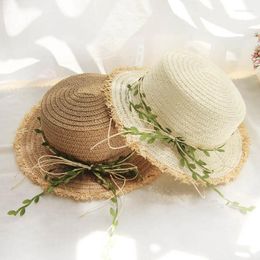 Wide Brim Hats Leaf Rattan Bowknot Sun Visor Hat For Parent-child Flat Top Straw Cap Summer Casual Panama Caps Beach Accessories