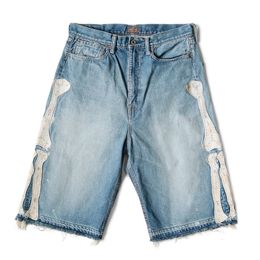 Mens Jeans KAPITAL Hirata Hohiro Loose Relaxed Pants Embroidered Bone Wash Used Raw Edge Denim Shorts for Men and Women Casual 230519