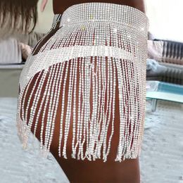 Skirt Summer Beach Bikini Mini Glitter Clothing Long Tassel Skirts Crystal Diamonds Adjustable Sexy Beachwear 230519