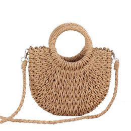 OEM372 Handmade Half-Round Rattan Woven Straw Bag Summer Women Messenger Crossbody Bags Girls Lady Small Beach Handbag