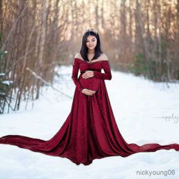 Autumn Winter Pregnancy Women Velvet Dress Fashion Casual Neck Long Sleeve Tailing Gown Photo Shoot Prop Vestidos R230519