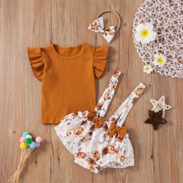 Clothing Sets Newborn Kids Baby Girls 3PCS Sets Floral Printed Clothes Knitted shirt Tops Suspenders Shorts Headband Outfit Set Summer New