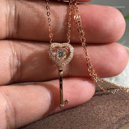 Chains S925 Silver Sweet Micro Pave Crystal Heart Key Pendant Necklace For Women Wedding Jewelry Rose Gold Color