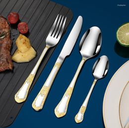 Dinnerware Sets 4pcs Gold Embossed Knife Fork Spoon Retro Western Cutlery 18/10 Stainless Steel Silverware Dinner Set Dishwasher Safe
