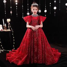 Pretty Red Flower For Wedding High Long Crystal Neck 3D Floral Apliques Girls Pageant Dresses Lovely Hand Made Sequined Beaded Birthday Dress 403