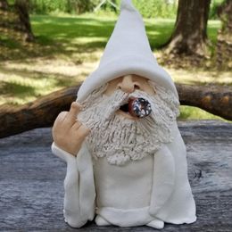 Garden Decorations Gnome Dwarf Ornaments Resin Artefact White Robe Smoking Middle Finger Home Decoration 230518