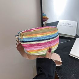 Evening Bags Striped Knitted Waist Bag For Women Weaving Fanny Packs Female Pouch Ladies Wide Strap Crossbody Chest Travle Handbag 23519