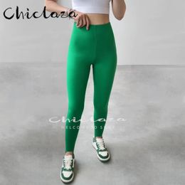 Leggings CHICLAZA Women High Quality 2022 New Spring Fashion Green khaki Leggings Female Autumn Casual Elastic Simple Black Tight Pants