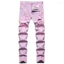 Men's Jeans Pink Ripped Men's Spring Summer Nostalgic Distressed Pants Casual Slim Pantalones Para Hombre Vaqueros